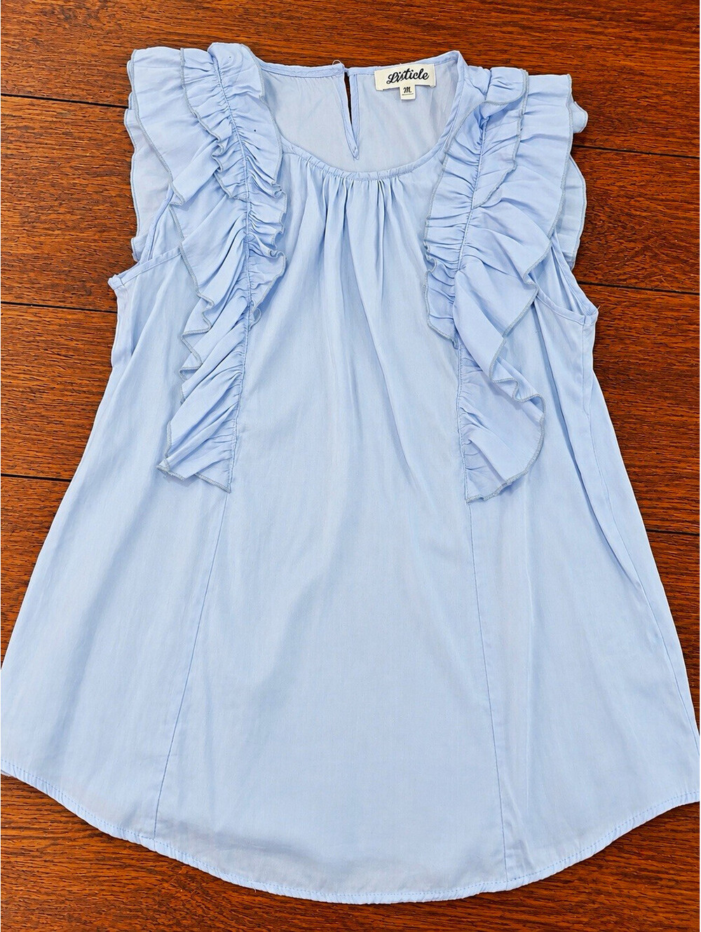 Women’s Blue Solid Ruffle Scoop Neck Sleeveless Pullover Blouse Medium